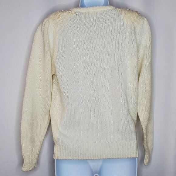 Vintage Embroidered Sweater Faux Pearl Beading Cottagecore Winter Off White Sz M - Picture 5 of 5
